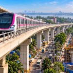 Kolkata Metro train on an elevated track, representing the proposed Baranagar-Barrackpore Pink Line