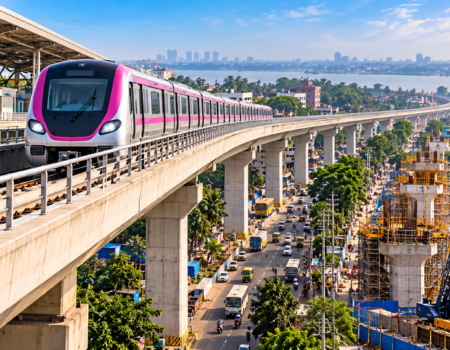 Kolkata Metro train on an elevated track, representing the proposed Baranagar-Barrackpore Pink Line